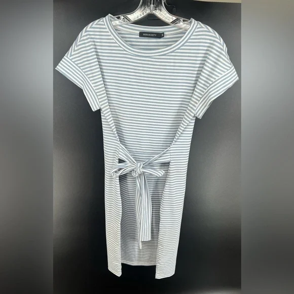 Merokeety blue and white tie waist striped short sleeve dress with pockets M - Picture 4 of 10